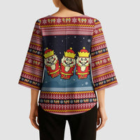 Funny Nutcracker Christmas Kimono Sleeve Blouse with Crack Deez Nuts Quote and Holiday Pattern Design - Wonder Print Shop
