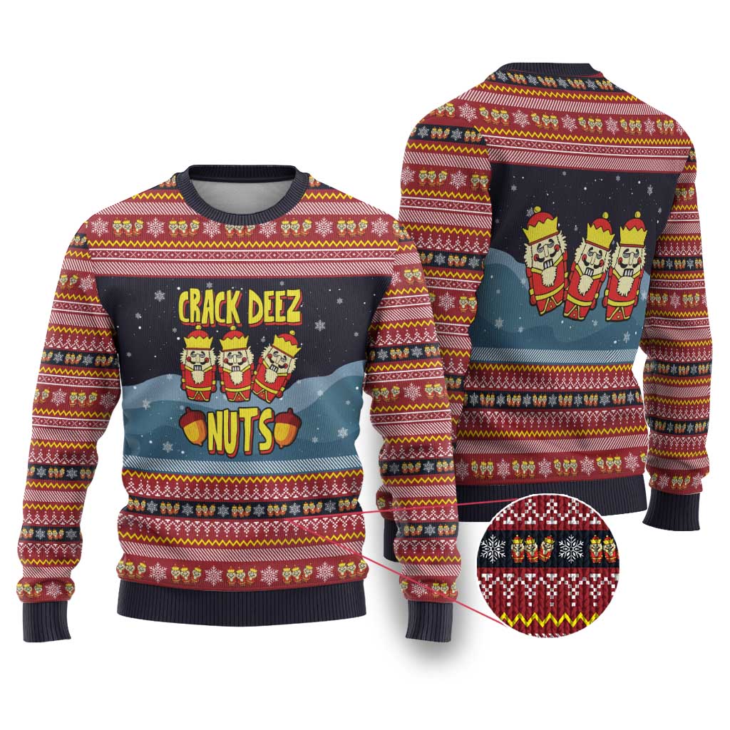 Funny Nutcracker Christmas Ugly Christmas Sweater with Crack Deez Nuts Quote and Holiday Pattern Design - Wonder Print Shop