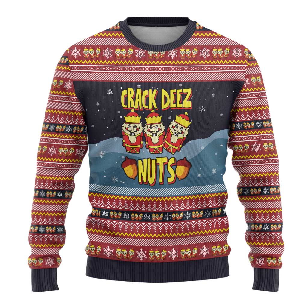 Funny Nutcracker Christmas Ugly Christmas Sweater with Crack Deez Nuts Quote and Holiday Pattern Design - Wonder Print Shop