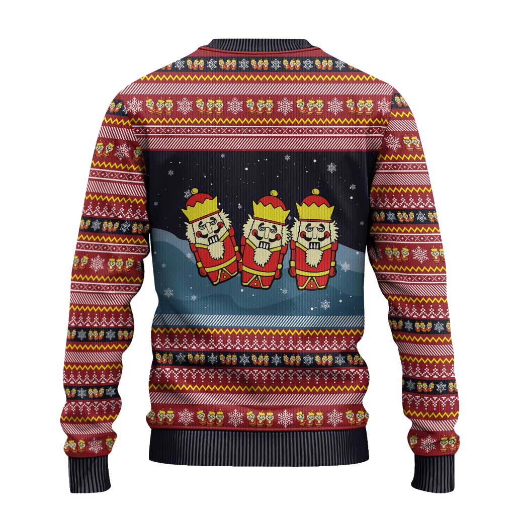 Funny Nutcracker Christmas Ugly Christmas Sweater with Crack Deez Nuts Quote and Holiday Pattern Design - Wonder Print Shop