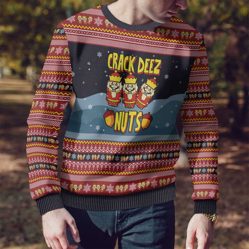 Funny Nutcracker Christmas Ugly Christmas Sweater with Crack Deez Nuts Quote and Holiday Pattern Design - Wonder Print Shop