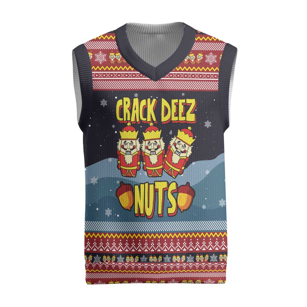 Funny Nutcracker Christmas Knitted V-Neck Vest with Crack Deez Nuts Quote and Holiday Pattern Design - Wonder Print Shop
