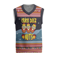 Funny Nutcracker Christmas Knitted V-Neck Vest with Crack Deez Nuts Quote and Holiday Pattern Design - Wonder Print Shop