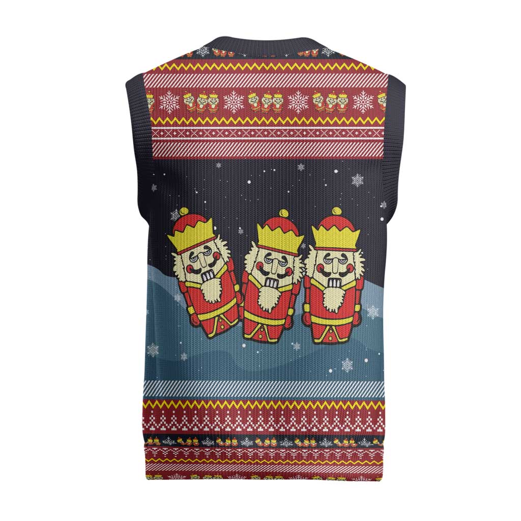 Funny Nutcracker Christmas Knitted V-Neck Vest with Crack Deez Nuts Quote and Holiday Pattern Design - Wonder Print Shop