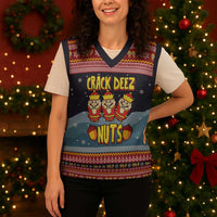 Funny Nutcracker Christmas Knitted V-Neck Vest with Crack Deez Nuts Quote and Holiday Pattern Design - Wonder Print Shop