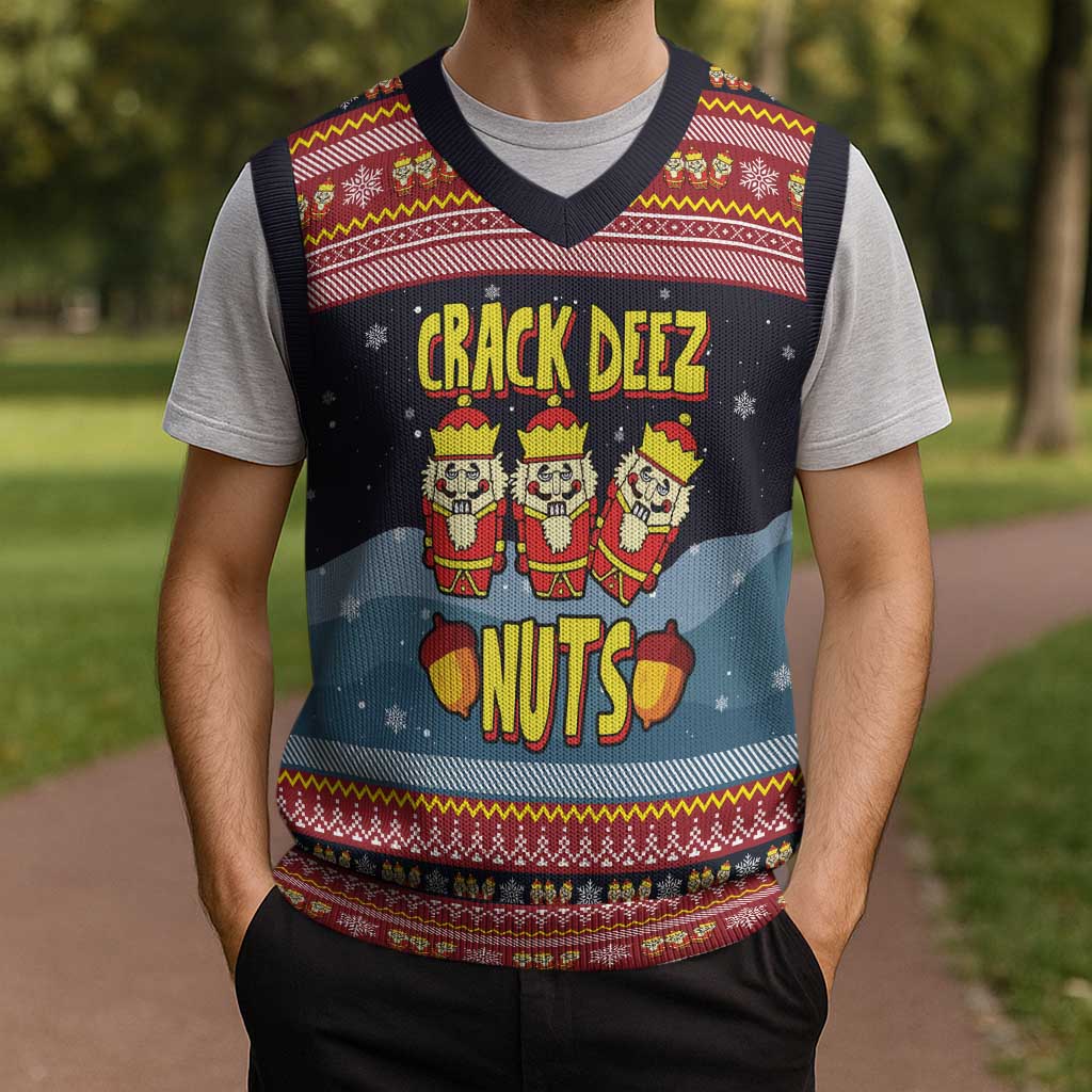 Funny Nutcracker Christmas Knitted V-Neck Vest with Crack Deez Nuts Quote and Holiday Pattern Design - Wonder Print Shop