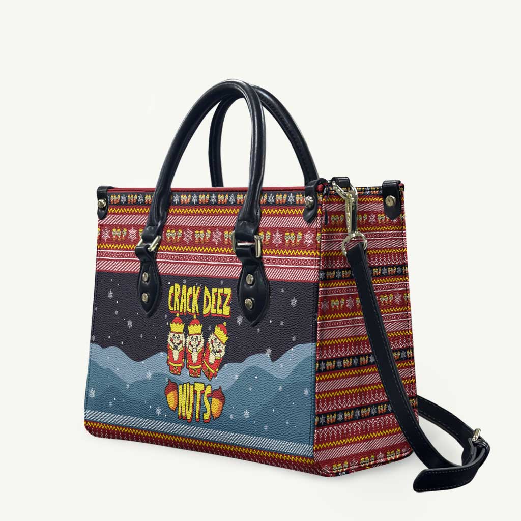 Funny Nutcracker Christmas Leather Bag with Crack Deez Nuts Quote and Holiday Pattern Design - Wonder Print Shop