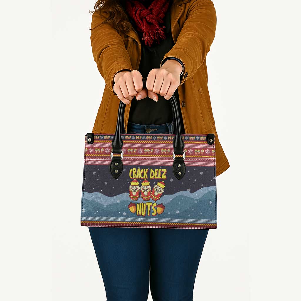 Funny Nutcracker Christmas Leather Bag with Crack Deez Nuts Quote and Holiday Pattern Design - Wonder Print Shop