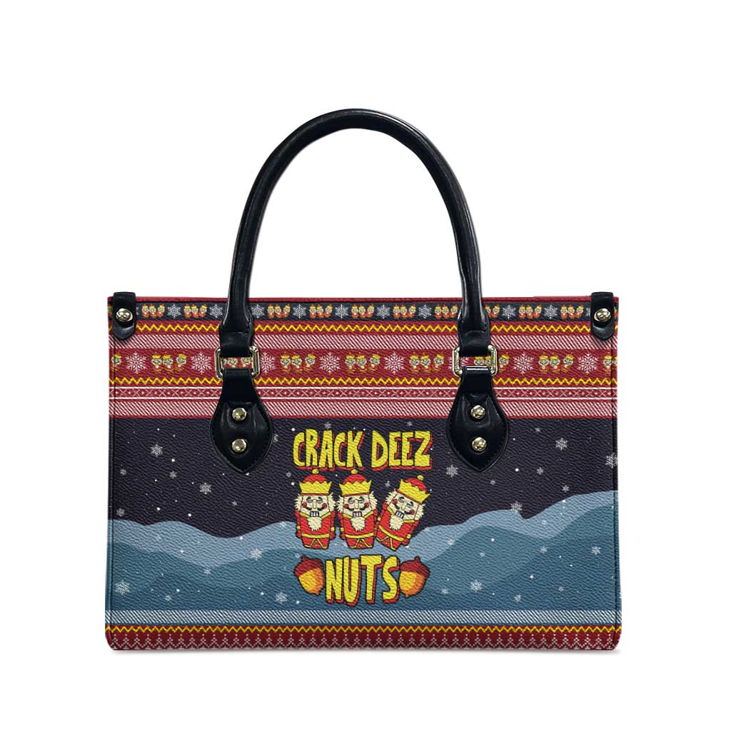 Funny Nutcracker Christmas Leather Bag with Crack Deez Nuts Quote and Holiday Pattern Design - Wonder Print Shop