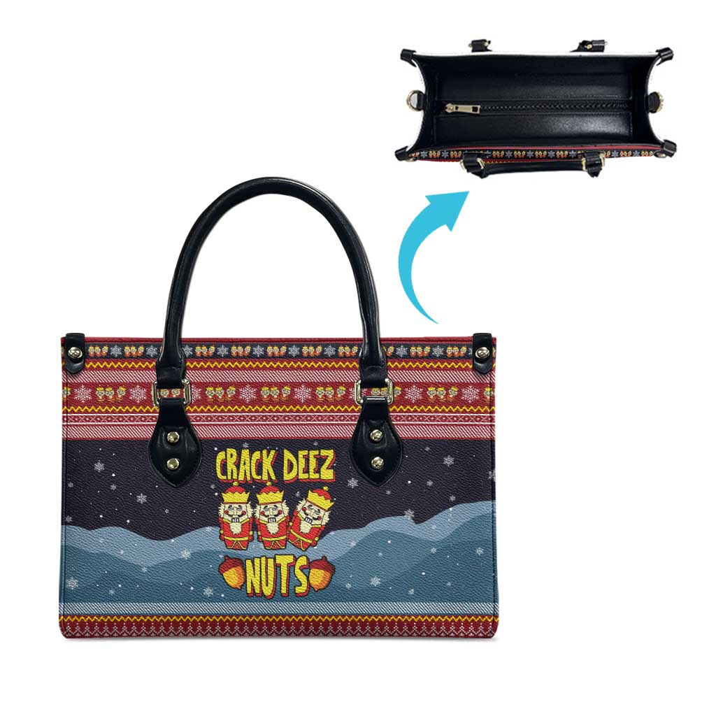 Funny Nutcracker Christmas Leather Bag with Crack Deez Nuts Quote and Holiday Pattern Design - Wonder Print Shop