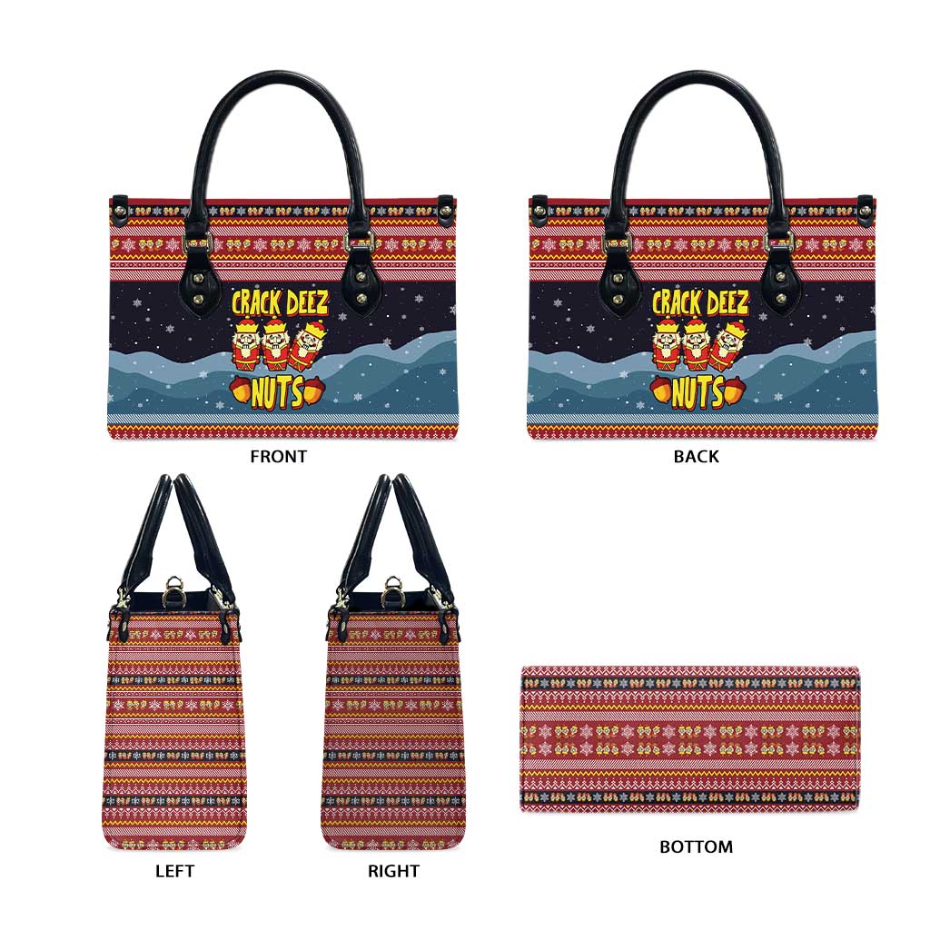 Funny Nutcracker Christmas Leather Bag with Crack Deez Nuts Quote and Holiday Pattern Design - Wonder Print Shop