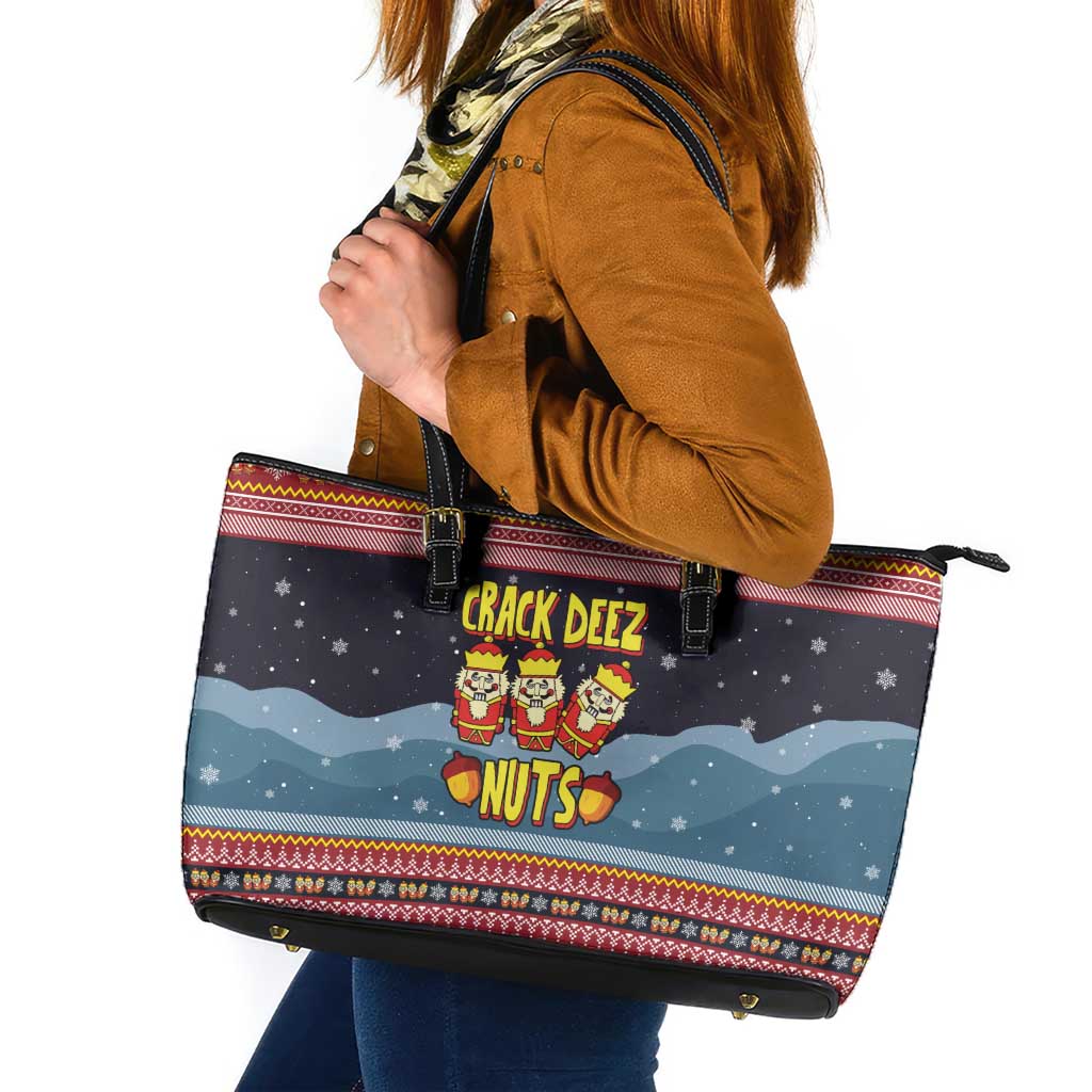 Funny Nutcracker Christmas Leather Tote Bag with Crack Deez Nuts Quote and Holiday Pattern Design - Wonder Print Shop