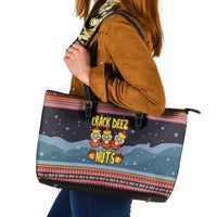 Funny Nutcracker Christmas Leather Tote Bag with Crack Deez Nuts Quote and Holiday Pattern Design - Wonder Print Shop