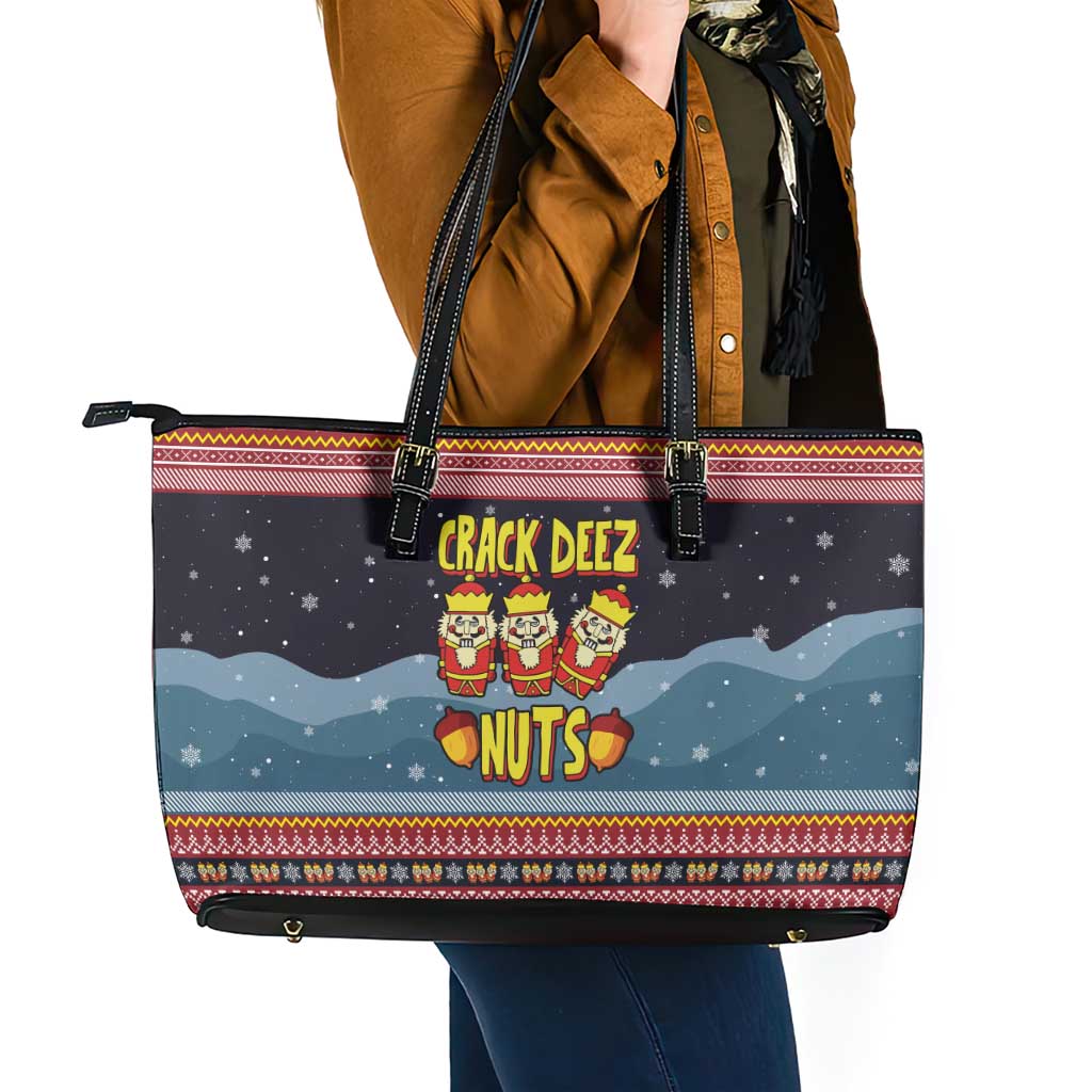 Funny Nutcracker Christmas Leather Tote Bag with Crack Deez Nuts Quote and Holiday Pattern Design - Wonder Print Shop