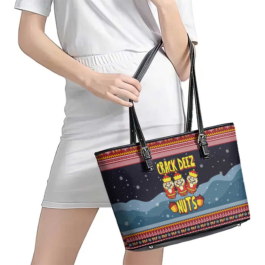 Funny Nutcracker Christmas Leather Tote Bag with Crack Deez Nuts Quote and Holiday Pattern Design - Wonder Print Shop