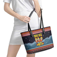 Funny Nutcracker Christmas Leather Tote Bag with Crack Deez Nuts Quote and Holiday Pattern Design - Wonder Print Shop