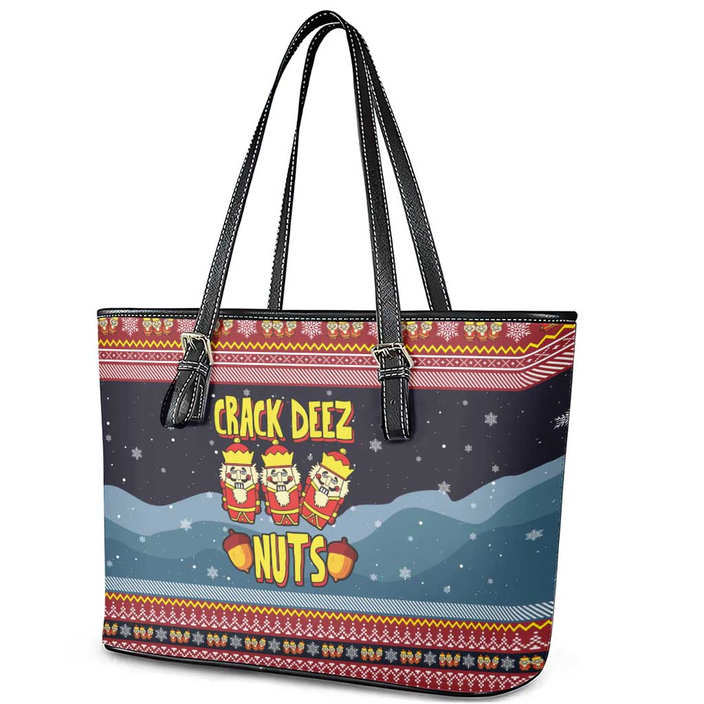 Funny Nutcracker Christmas Leather Tote Bag with Crack Deez Nuts Quote and Holiday Pattern Design - Wonder Print Shop