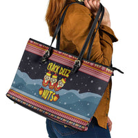 Funny Nutcracker Christmas Leather Tote Bag with Crack Deez Nuts Quote and Holiday Pattern Design - Wonder Print Shop
