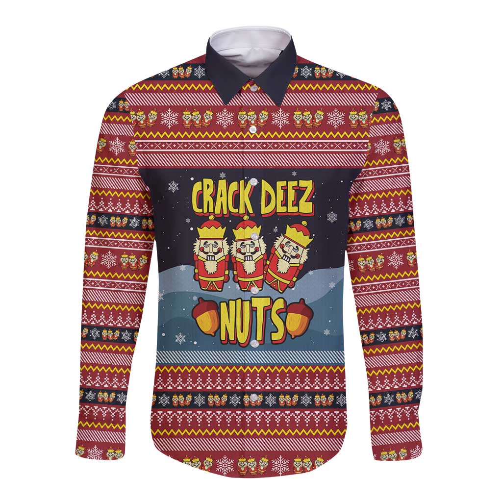 Funny Nutcracker Christmas Long Sleeve Button Shirt with Crack Deez Nuts Quote and Holiday Pattern Design - Wonder Print Shop