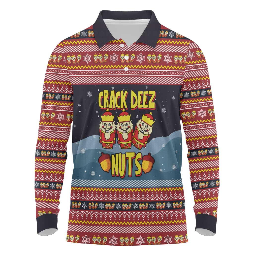 Funny Nutcracker Christmas Long Sleeve Polo Shirt with Crack Deez Nuts Quote and Holiday Pattern Design - Wonder Print Shop