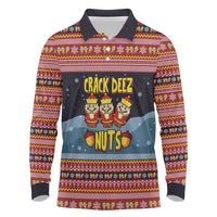Funny Nutcracker Christmas Long Sleeve Polo Shirt with Crack Deez Nuts Quote and Holiday Pattern Design - Wonder Print Shop