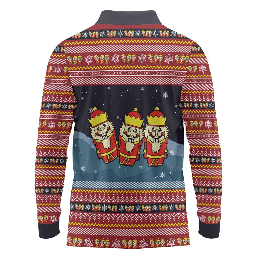 Funny Nutcracker Christmas Long Sleeve Polo Shirt with Crack Deez Nuts Quote and Holiday Pattern Design - Wonder Print Shop