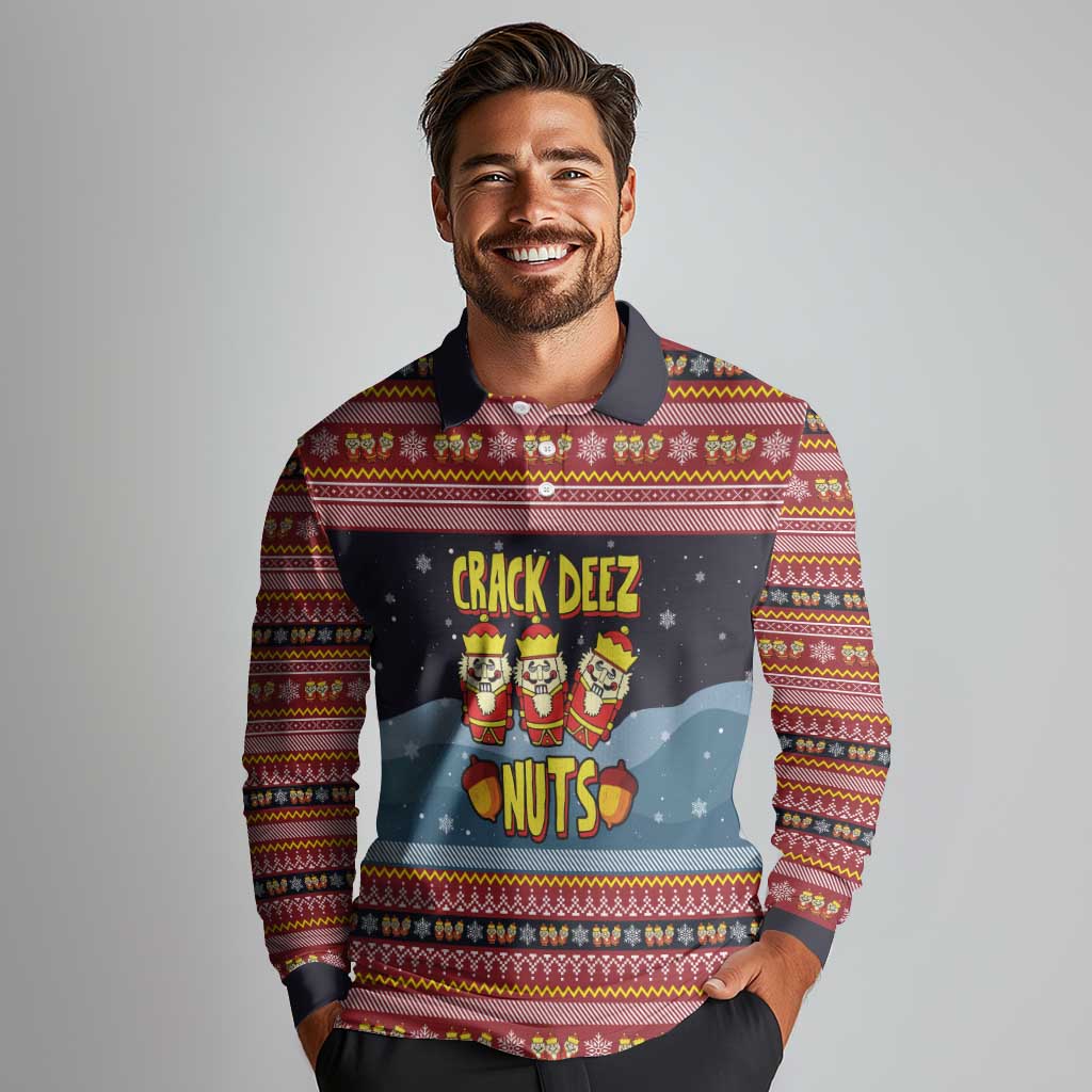 Funny Nutcracker Christmas Long Sleeve Polo Shirt with Crack Deez Nuts Quote and Holiday Pattern Design - Wonder Print Shop