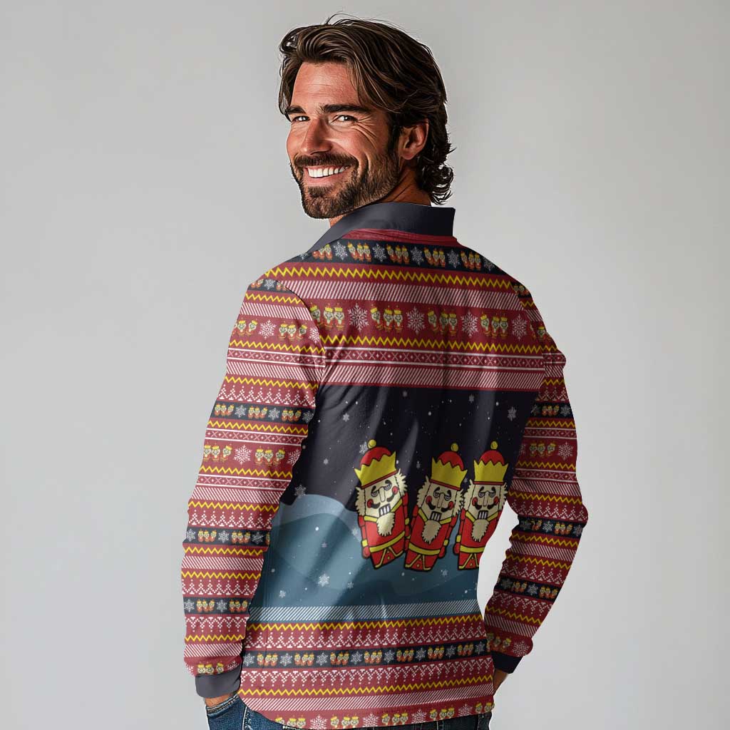 Funny Nutcracker Christmas Long Sleeve Polo Shirt with Crack Deez Nuts Quote and Holiday Pattern Design - Wonder Print Shop