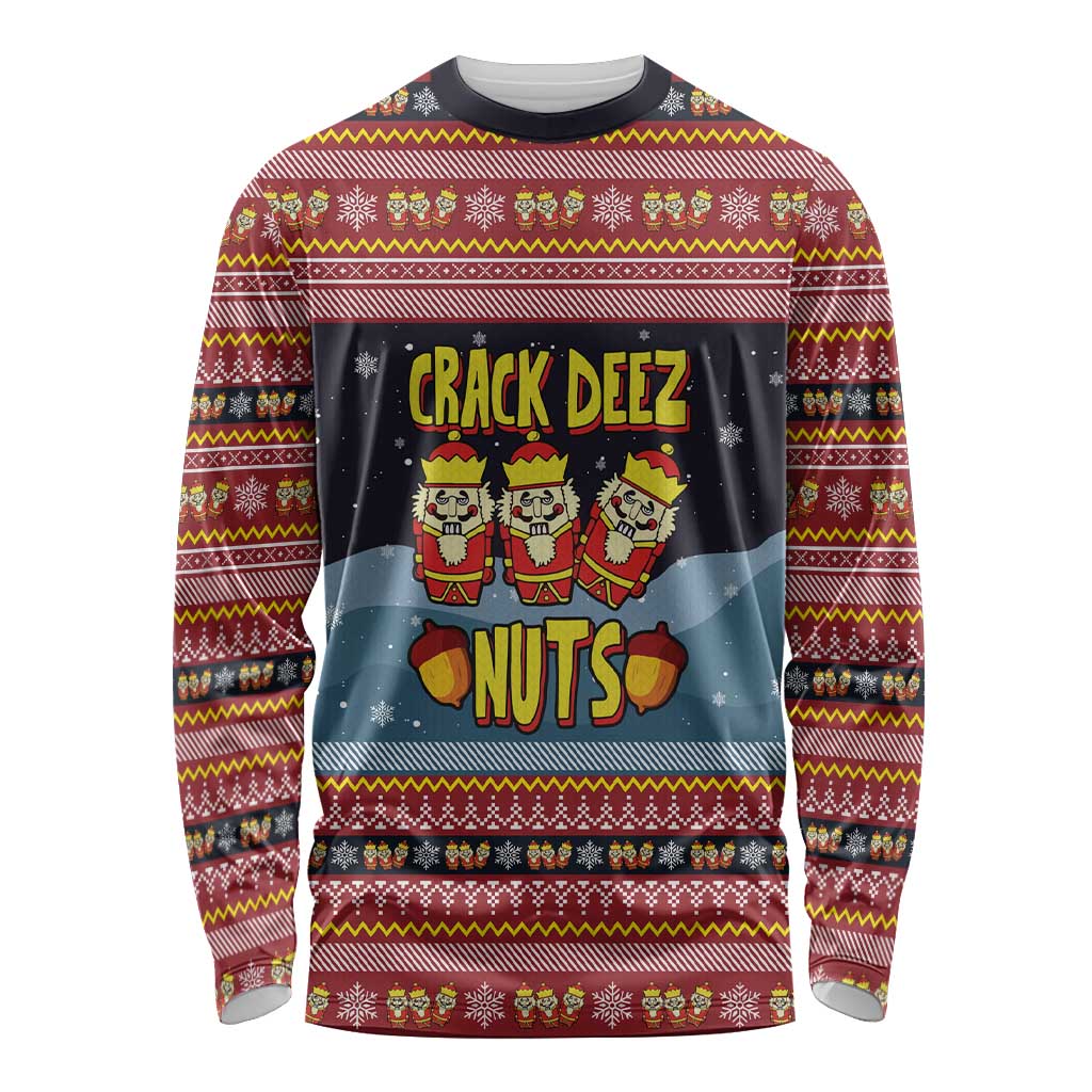 Funny Nutcracker Christmas Long Sleeve Shirt with Crack Deez Nuts Quote and Holiday Pattern Design - Wonder Print Shop