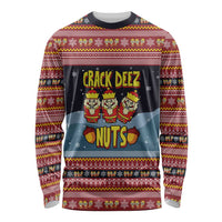 Funny Nutcracker Christmas Long Sleeve Shirt with Crack Deez Nuts Quote and Holiday Pattern Design - Wonder Print Shop