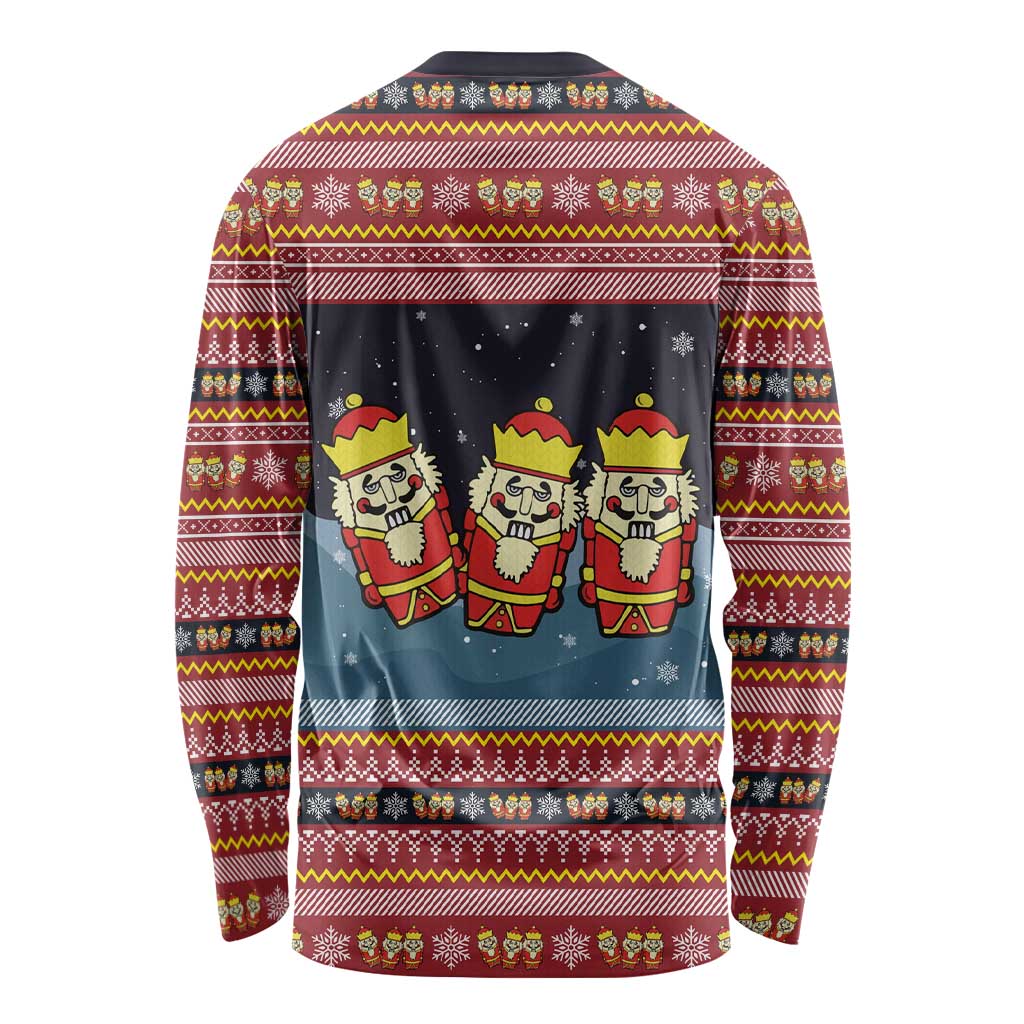 Funny Nutcracker Christmas Long Sleeve Shirt with Crack Deez Nuts Quote and Holiday Pattern Design - Wonder Print Shop