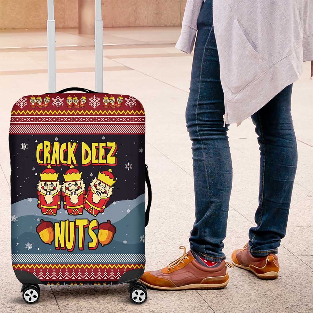 Funny Nutcracker Christmas Luggage Cover with Crack Deez Nuts Quote and Holiday Pattern Design - Wonder Print Shop