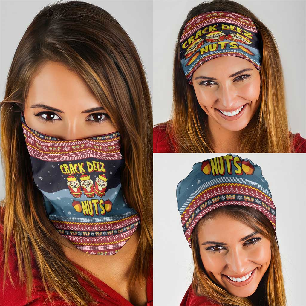 Funny Nutcracker Christmas Neck Gaiter with Crack Deez Nuts Quote and Holiday Pattern Design - Wonder Print Shop