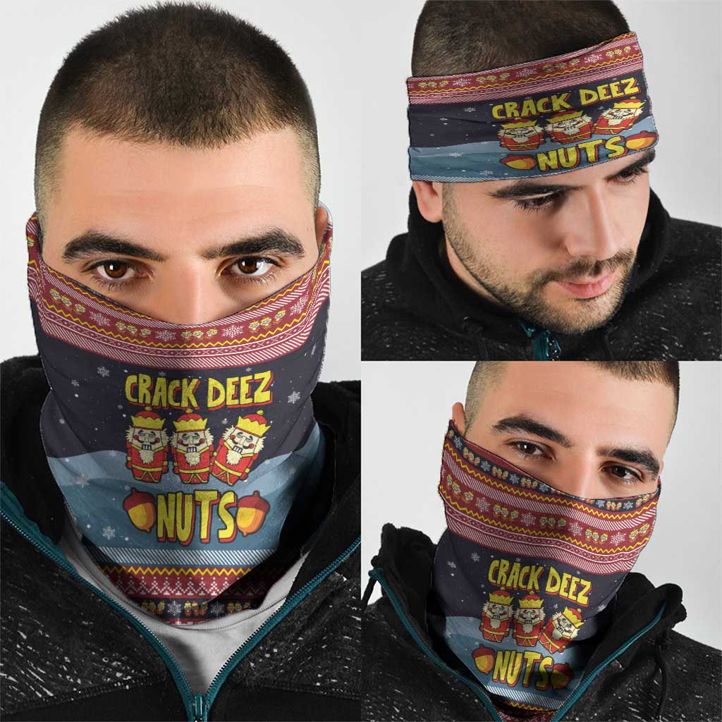 Funny Nutcracker Christmas Neck Gaiter with Crack Deez Nuts Quote and Holiday Pattern Design - Wonder Print Shop