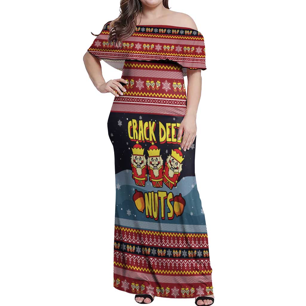 Funny Nutcracker Christmas Off Shoulder Maxi Dress with Crack Deez Nuts Quote and Holiday Pattern Design - Wonder Print Shop