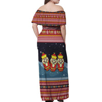 Funny Nutcracker Christmas Off Shoulder Maxi Dress with Crack Deez Nuts Quote and Holiday Pattern Design - Wonder Print Shop