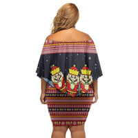 Funny Nutcracker Christmas Off Shoulder Short Dress with Crack Deez Nuts Quote and Holiday Pattern Design - Wonder Print Shop