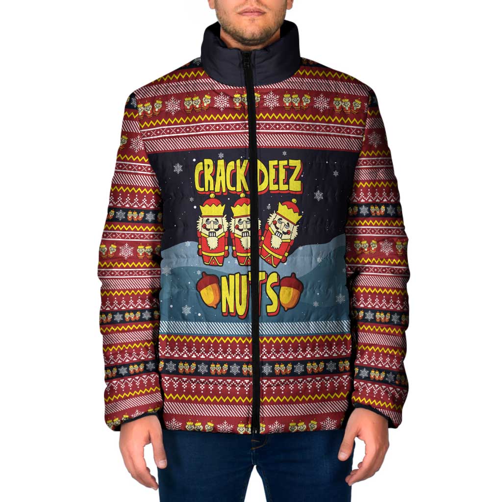 Funny Nutcracker Christmas Padded Jacket with Crack Deez Nuts Quote and Holiday Pattern Design - Wonder Print Shop