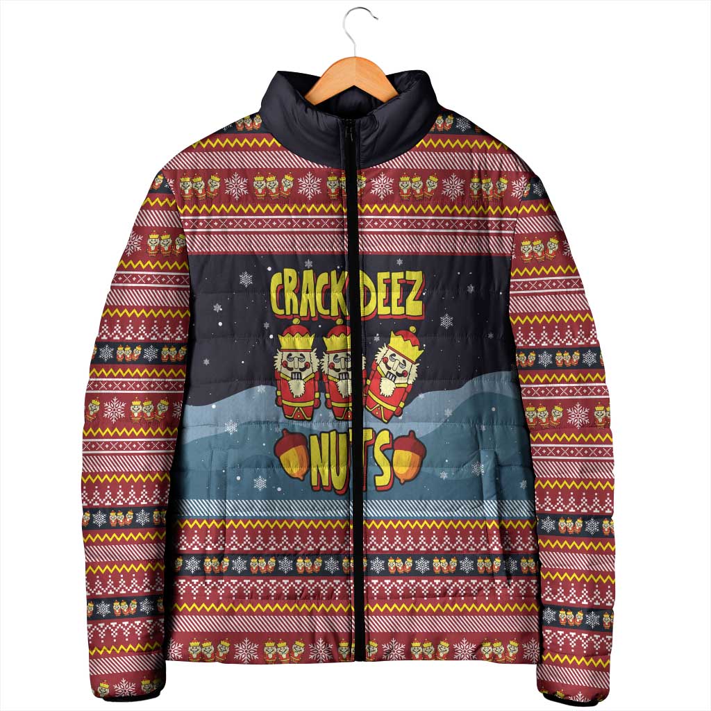 Funny Nutcracker Christmas Padded Jacket with Crack Deez Nuts Quote and Holiday Pattern Design - Wonder Print Shop