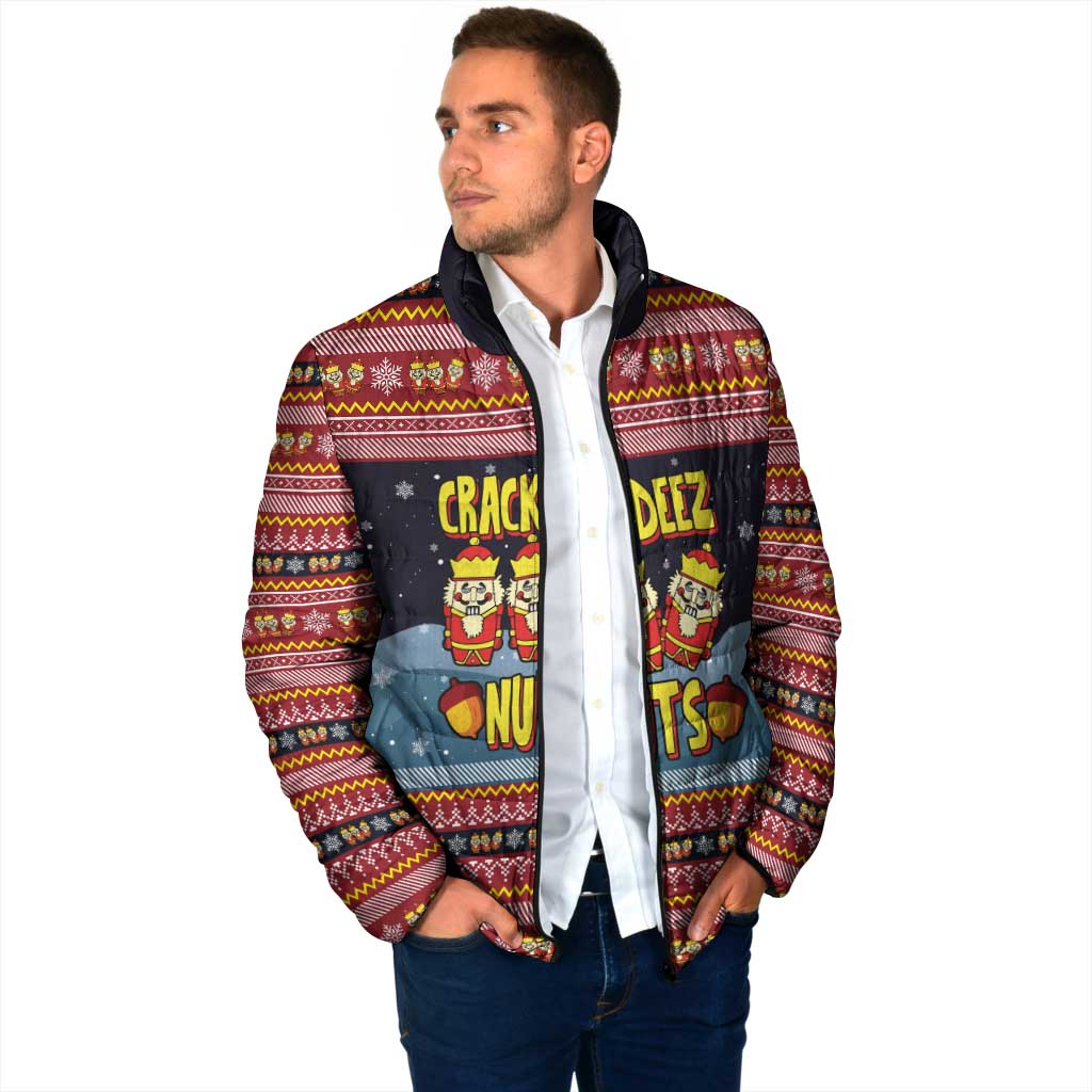 Funny Nutcracker Christmas Padded Jacket with Crack Deez Nuts Quote and Holiday Pattern Design - Wonder Print Shop