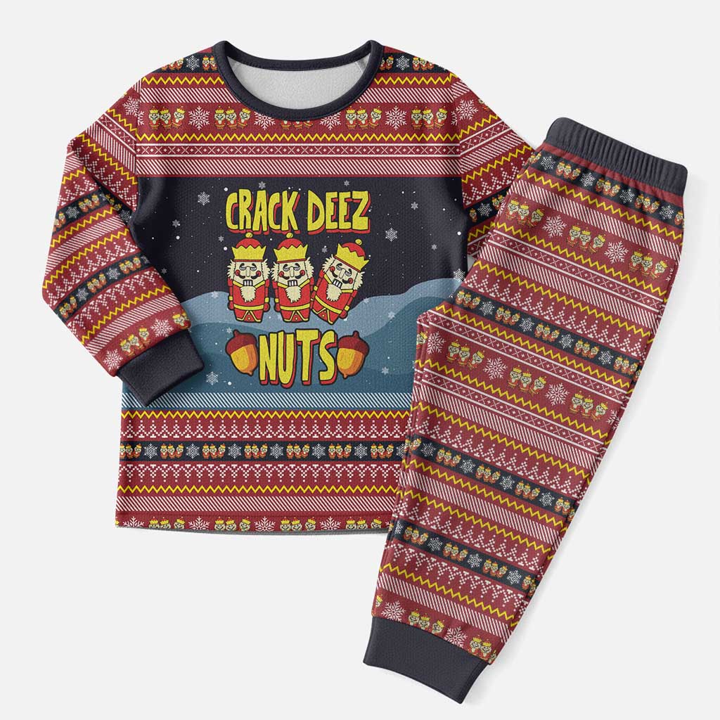 Funny Nutcracker Christmas Pajama Set with Crack Deez Nuts Quote and Holiday Pattern Design - Wonder Print Shop