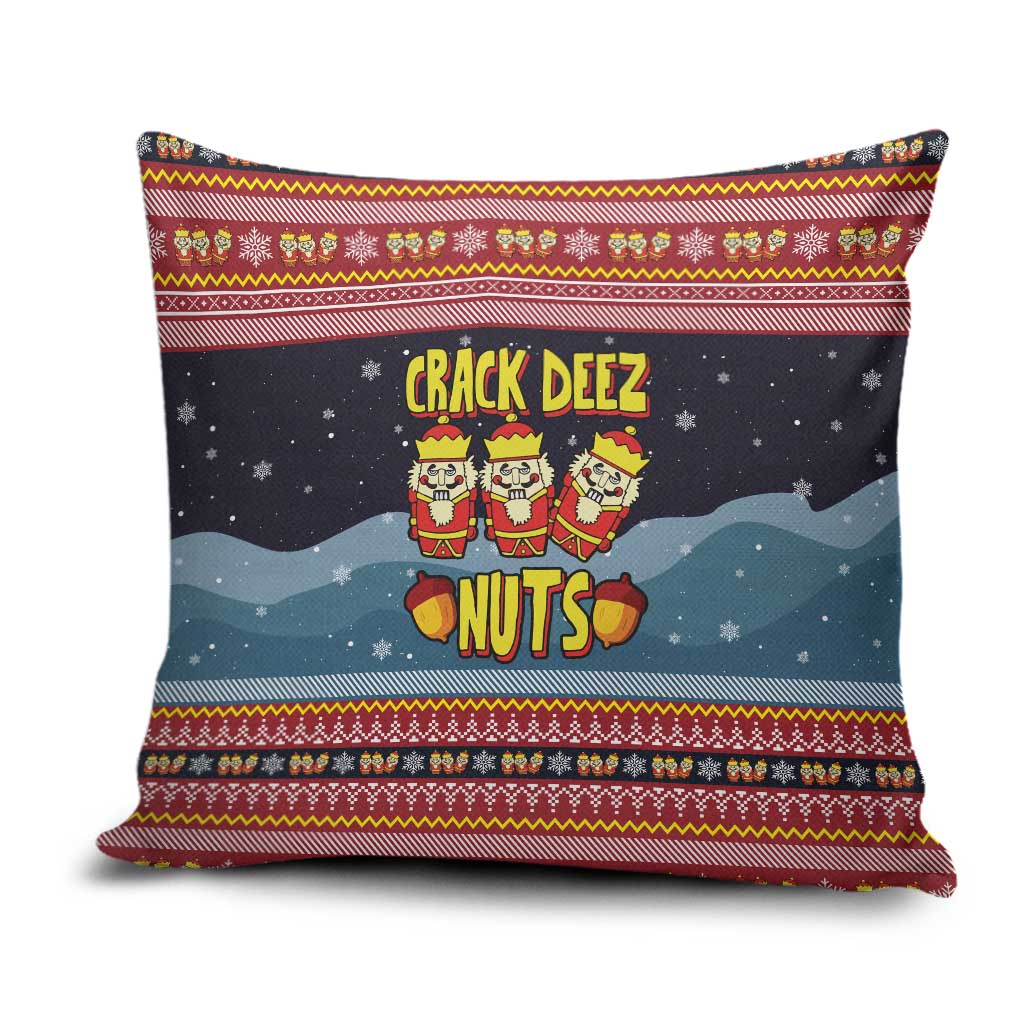 Funny Nutcracker Christmas Pillow Cover with Crack Deez Nuts Quote and Holiday Pattern Design - Wonder Print Shop