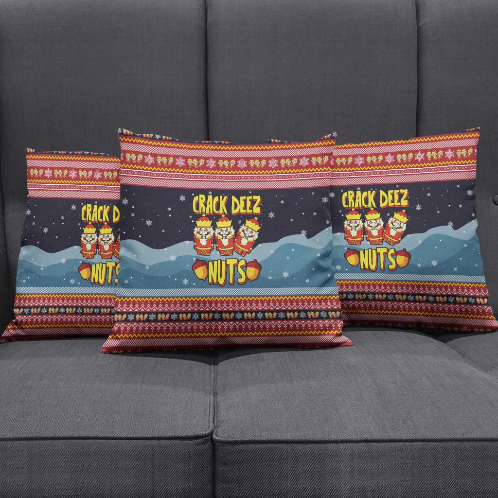 Funny Nutcracker Christmas Pillow Cover with Crack Deez Nuts Quote and Holiday Pattern Design - Wonder Print Shop
