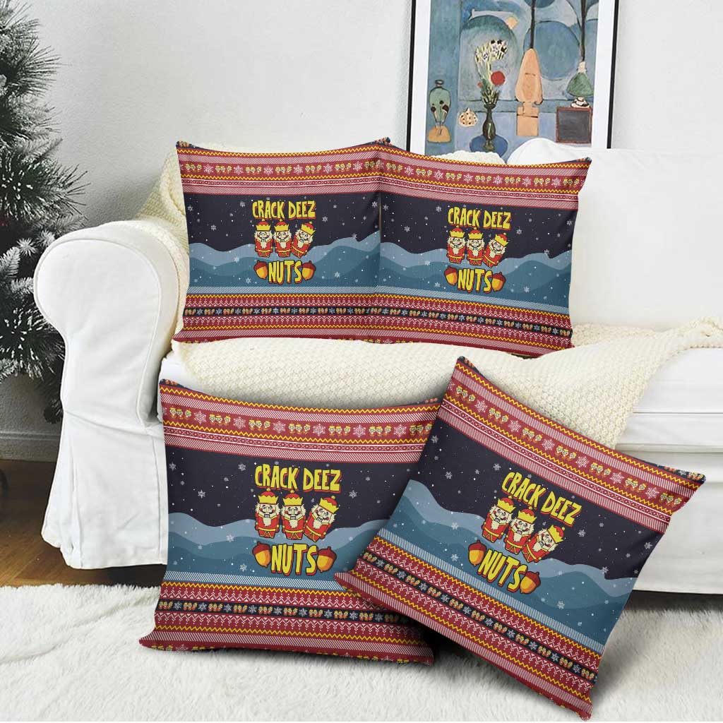 Funny Nutcracker Christmas Pillow Cover with Crack Deez Nuts Quote and Holiday Pattern Design - Wonder Print Shop