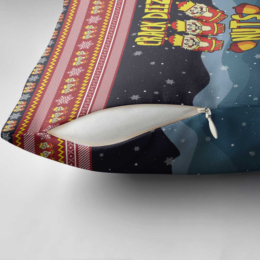Funny Nutcracker Christmas Pillow Cover with Crack Deez Nuts Quote and Holiday Pattern Design - Wonder Print Shop