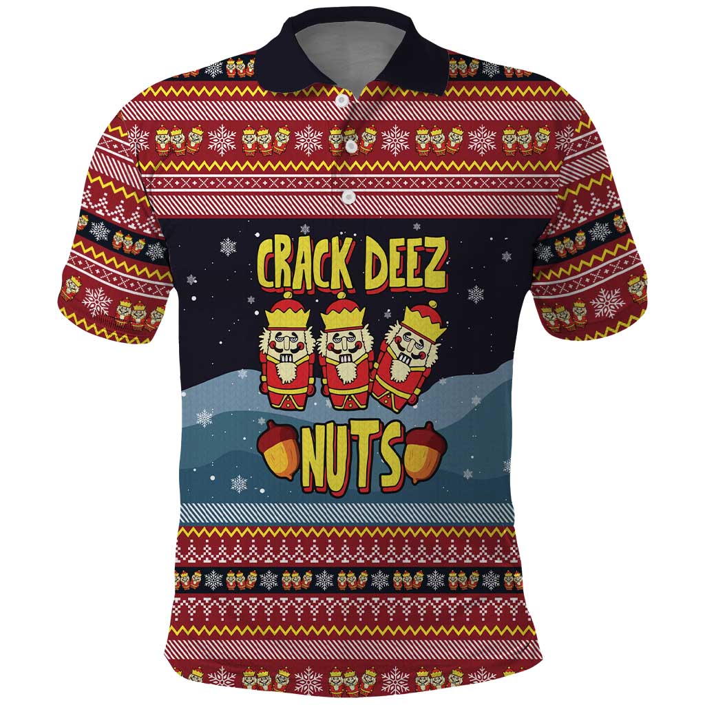 Funny Nutcracker Christmas Polo Shirt with Crack Deez Nuts Quote and Holiday Pattern Design - Wonder Print Shop