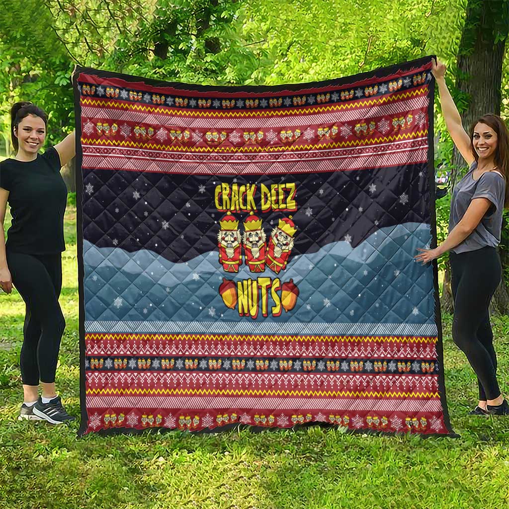 Funny Nutcracker Christmas Quilt with Crack Deez Nuts Quote and Holiday Pattern Design - Wonder Print Shop