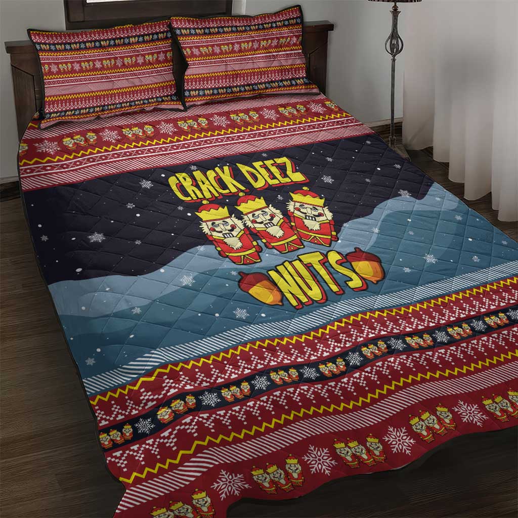 Funny Nutcracker Christmas Quilt Bed Set with Crack Deez Nuts Quote and Holiday Pattern Design - Wonder Print Shop