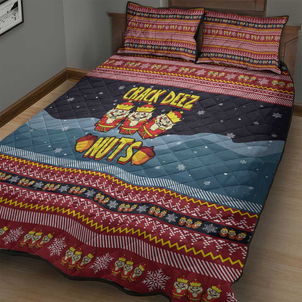 Funny Nutcracker Christmas Quilt Bed Set with Crack Deez Nuts Quote and Holiday Pattern Design - Wonder Print Shop