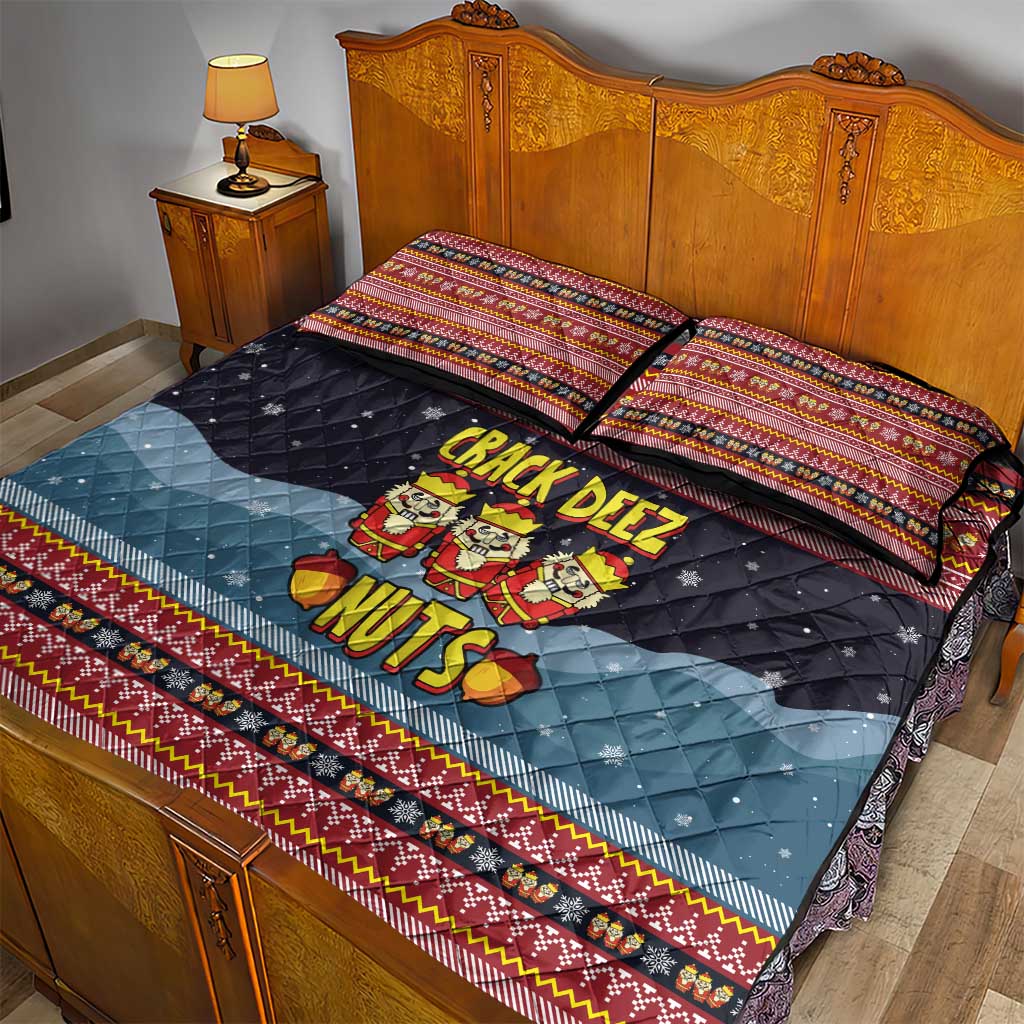 Funny Nutcracker Christmas Quilt Bed Set with Crack Deez Nuts Quote and Holiday Pattern Design - Wonder Print Shop